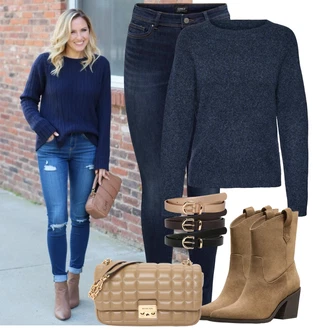 Móda pro plnoštíhlé Outfit s Tmavě modrá Kožené Boty/Push up Džín/Navlékací džíny/Džíny s Nízkým Sedem/Slim Fit Džíny/Termální Džíny/Zimní bunda/Kožená bunda/High Waist Džínové Kalhoty Only "Podzimní Look"