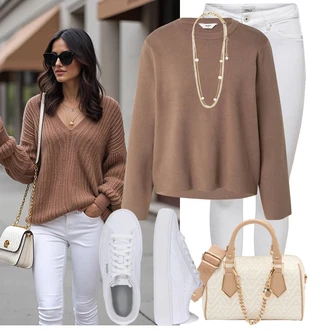 Outfit s Šedá/Bílá/Krémová/Stříbrný Džínové Legíny/Jeggings/Push up Kalhoty/Skinny Kalhoty/Tregíny next lvl "Podzimní Look"