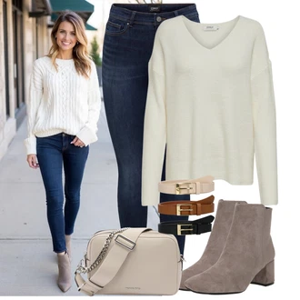 Outfit s Krémová/Bílá/Khaki/Světle zelená/Béžová Basic Svetr/Kašmírový Svetr/Svetr z Jemné Pleteniny/Kašmírový Svetr/Mohair Pullover/Svetr Niki/Jednoduchý Svetr/Svetr s V-výstřihem/Vlněný Svetr Only "Podzimní Look"