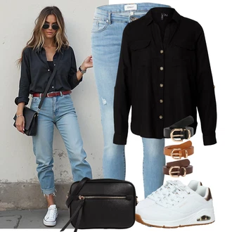 Outfity z džínu Párty s Černá Lněná Halenka/Halenka s Dlouhým Rukávem/Blůza s nášivkou na lokti/Manšestrová Halenka/Blůza s knoflíčkem VERO MODA "Cool každodenní outfit"Look: Bar, Koncert, Škola, Pohřeb, Biřmování, Svátek cukru, Galavečer, Párty, 40. narozeniny