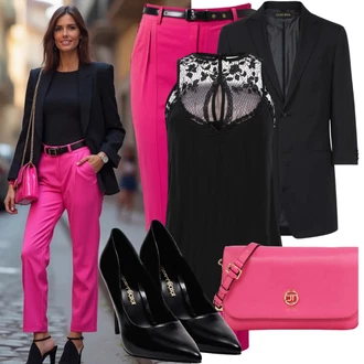 Narozeniny Outfit s Růžová Plisovaná kalhoty/Plisovaná Kalhoty/Kalhoty se Štěrbinou/Kalhoty s nášivkou uprostřed/Obleková Kalhoty/Kalhoty s Vysokým Pasem/Mušelínové kalhoty/Business Kalhoty/Rovná Kalhoty/Paperbag Kalhoty Edited "Perfektní pro práci"Look: Bar, 30. narozeniny, Koncert, Firemní večírek, Chatky, Den matek, Škola, Valentýn, Narozeniny