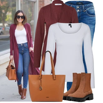 Outfit s Šedá/Krémová/Růžová/Bílá/Fialová/Stříbrný Jednoduchý top/Mužské běžecké boty/Dlouhá košile/Košile s dlouhým rukávem/Dlouhý top VERO MODA "Podzimní Look"