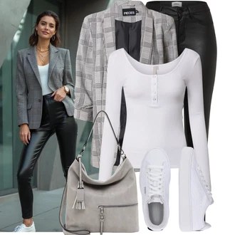 Outfit s Šedá/Béžová/Světle šedá Dlouhý Sako/Oversize Sako/Boyfriend Sako/Kostkované Sako Pieces "Podzimní Look"