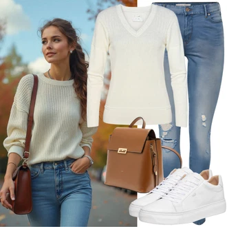 outfit mit Bela/Rjava/Krem Pleteni Pulover/Pletenina Kardigan iz kašmirja/Kardigan z okroglim izrezom/Kardigan s stoječim ovratnikom/Zimski kardigan/2-v-1 Pulover/Osnovni Pulover/Pulover Carmen/Pulover iz Kašmirja/Fini Pleteni Pulover/Mohair Pullover/Pulover Nicki/Women's Pullovers with Stand-up Collar/Pulover z ovratnikom/Zimski Pulover/Volnen Pulover koton "Poletni videz za vsakdanjo uporabo"