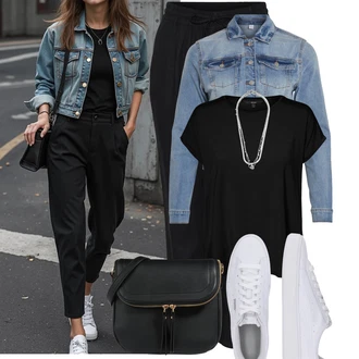 Outfit s Černá Tričko/Jednoduchý top/Tričko s vodopádovým výstřihem/Funkční tričko/Síťované tričko/Tričko s krátkým rukávem/Krátký top/Sportovní tričko/Zavinovací Tričko VERO MODA "Hezký outfit pro volný čas"