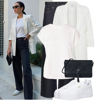 Outfit s Bílá/Krémová Tričko/Jednoduchý top/Tričko s vodopádovým výstřihem/Funkční tričko/Pletené tričko/Síťované tričko/Košilový top/Tričko s krátkým rukávem/Krátký top/Sportovní tričko/Zavinovací Tričko Vila "Hezký outfit pro volný čas"