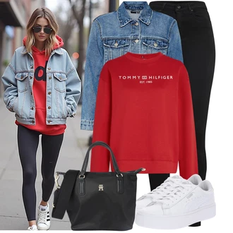 Outfity pro zábavu Elegantní, Sportovní s Bílá Nízká Teniska/Teniska s dírkovaným vzorem/Úzká teniska/Teniska na platformě Puma, Černá/Fialová/Růžová Obchodní Taška/Taška/Kancelářská Taška/Brašna/Shopper taška Tommy Hilfiger "Lehký outfit"Look: Estetika, Bad Taste, Ležérní, Disko, Skater, Sportovní, Unisex, Rad, Šik, Cool, Elegantní, Kancelář, Premium, Preppy, Princezny