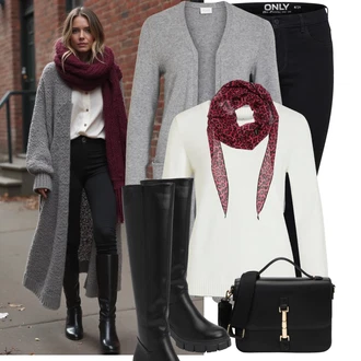 Outfit s Šedá/Tmavě šedá/Světle šedá Pletenina veľkej veľkosti/Šaty Móda Pro Plnoštíhlou/Kabát/Tunika Vila "Módní vzhled na podzim"