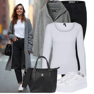 Outfit s Šedá/Krémová/Růžová/Bílá/Fialová/Stříbrný Jednoduchý top/Mužské běžecké boty/Dlouhá košile/Košile s dlouhým rukávem/Dlouhý top VERO MODA "Módní vzhled na podzim"