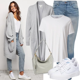 Outfit s Světle šedá/Šedá/Tmavě šedá Pletený Oděv Svetr kroj/Kašmírový kardigán/Svetr s podšívkou/Dlouhé Kardigany/Kardigán se stojatým límečkem/Zimní svetr/Vlněný kardigán Zwillingsherz "Skvělý volnočasový outfit"