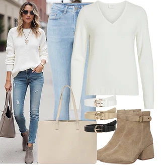 Outfit s Krémová/Béžová/Bílá/Světle zelená/Khaki Basic Svetr/Svetr Carmen/Kašmírový Svetr/Kašmírový Svetr/Jednoduchý Svetr/Termo Svetr/Svetr s V-výstřihem Vila "Lehký outfit"