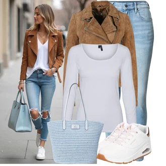 Outfit s Bílá/Růžová/Krémová/Zlatý Bota Na Pěší Turistiku/Zimní tenisky/Skate Bota/Teniska na platformě/Teniska teddy/Nízká Teniska/Kožené tenisky/Letní tenisky/Úzká teniska Skechers "Lehký outfit"