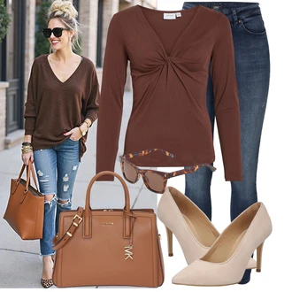 Outfit s Červená/Hnědá/Šedá/Tmavě červená Jednoduchý top/Košile s dlouhým rukávem/Top Na Party/Košilový top/Zavinovací Tričko Vila "Jedinečný volnočasový outfit"