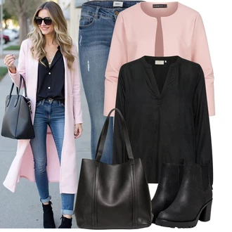 Outfity na podzim s Černá/Tmavě šedá Průhledná blůza/Kožená bunda/Kožená bunda pro muže/Dlouhá Halenka/Halenka s Dlouhým Rukávem/Hedvábná Halenka/Halenka se Stojatým Límcem/Oversize Halenka/Slip-on Halenka/Tunikové Tričko/Oversize Muselínová Blůza Kaffe "Trendový podzimní outfit"