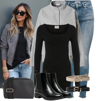 Outfit s Černá/Hnědá Chelsea Boty/Kožená bunda/Plochá Kotníková Bota/Gumová Kotníková Bota Only "Trendový podzimní outfit"