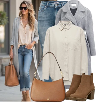 Zapínání na knoflíky Outfit s Bílá/Khaki Halenka s Dlouhým Rukávem/Oversize Halenka/Oversize Muselínová Blůza/Blůza s knoflíčkem/Manšestrová Halenka/Lněná Halenka Only "Trendový podzimní outfit"