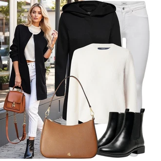 Punk Outfit s Černá/Hnědá Chelsea Boty/Kožená bunda/Plochá Kotníková Bota/Gumová Kotníková Bota Only "Trendový podzimní outfit"Look: Šik, Cool, Kovbojka, Punk, Unisex, S Mokrým Vzhledem