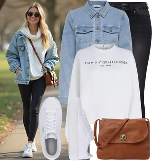 Outfity pro zábavu Elegantní, Sportovní s Bílá/Šedá Fleecová Mikina/Kožená bunda/Sportovní mikina Tommy Hilfiger, Bílá Nízká Teniska/Teniska s dírkovaným vzorem/Úzká teniska/Teniska na platformě Puma "Trendový podzimní outfit"Look: Egirl, Pro Dům, Moderní, Mom, Univerzitní, Sportovní, Estetika, Bad Taste, Ležérní, Disko, Skater, Unisex