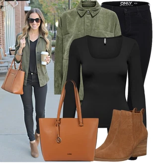 Outfit s Hnědá/Béžová/Oranžová Obchodní Taška/Taška/Taška Přes Rameno/Kancelářská Taška/Shopper taška/Sportovní Taška Přes Rameno/Taška Na Rameno L.CREDI "Trendový podzimní outfit"