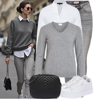 Zapínání na knoflíky Outfit s Bílá/Fialová/Šedá Halenka Blůza s knoflíčkem/Halenka Slim Fit/Businessová Halenka/Halenka se Stojatým Límcem/Žehlení odolná blůza More & More "Trendový podzimní outfit"