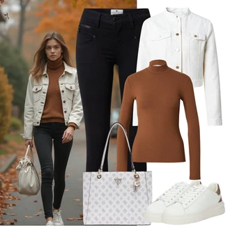 Poletje Za 60 in več outfit mit Bela/Bež/Krem/Rjava Usnjene superge/Superge Nizka/Plato-Sneaker/Ozka superga/Poletne superge Guess "udoben jesenski videz"