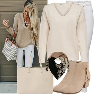 Outfit s Khaki/Bílá/Hnědá/Béžová Basic Svetr/Kašmírový Svetr/Svetr z Jemné Pleteniny/Kašmírový Svetr/Mohair Pullover/Jednoduchý Svetr/Termo Svetr/Svetr s V-výstřihem/Vlněný Svetr Only "Výrazný vzhled pro podzim"