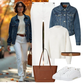 Poletje Za 60 in več outfit mit Krem/Bela/Bež Ozka superga/Usnjene superge/Superge Z Bočno Zadrgo/Superge Nizka Tommy Hilfiger "jesenski stilski model hodi po ulici v belih ravno krojenih kavbojkah, beli pulover, temno modri denim jakni, rjavi pas, rjava torba, bele superge"