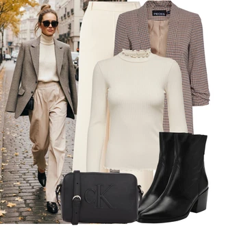 Outfit s Béžová/Hnědá/Bílá/Khaki Pletený top/Pletené Tričko/Tričko Roláková Košile JdY "Cool podzimní outfit"