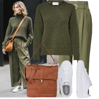 Outfit s Tmavě zelená/Zelená/Khaki Paperbag Kalhoty/Kalhoty s Vysokým Pasem/Mušelínové kalhoty B.young "Cool podzimní outfit"