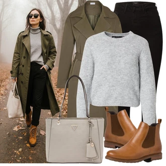 Moderní Matka nevěsty Outfit s Khaki/Tmavě zelená Trenčkot/Vojenský Kabát/Trenčkot/Midi Kabát Noisy may "Cool podzimní outfit"Look: Cool, Irský, Moderní, Old Money, Příliš oblečený, Pracovní oděvy