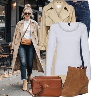 Moderní Matka nevěsty Outfit s Béžová/Khaki Letní Kabát/Trenčkot/Trenčkot Only "Cool podzimní outfit"Look: Cool, Francouzské, Italský, Moderní, Old Money, Univerzitní, Vintage