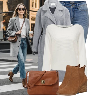 Outfit s Modrá/Světle Modrá Džíny s Rozparkem/Kožená bunda/Džín s Nízkým Pasem/Navlékací džíny/Motorkářské Džíny/High Waist Džínové Kalhoty/Push up Džín/Džíny s Nízkým Sedem/Zimní bunda/Kožené Boty Only "Cool podzimní outfit"