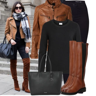 Dlouhé Outfit s ?erná/Tmav? modrá Motorká?ské D?íny/High Waist D?ínové Kalhoty/Push up D?ín/Ko?ená bunda/Ko?ené Boty/Termální D?íny/Zimní bunda Noisy may "Cool podzimní outfit"