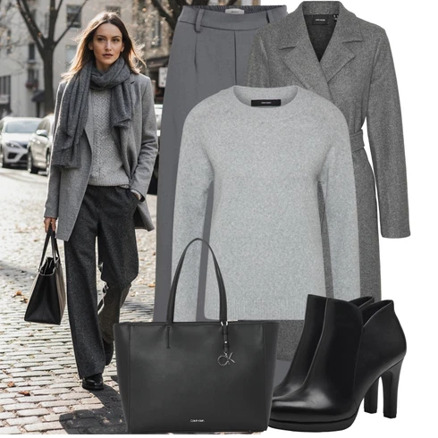 Kombinace Šedá/Tmavě šedá/Světle šedá Široká Kalhoty/Business Kalhoty/Marlene Kalhoty/Palazzo Kalhoty/Kalhoty se Štěrbinou/Plisovaná kalhoty/Kalhoty s nášivkou uprostřed/Kalhoty s Vysokým Pasem/Obleková Kalhoty/Plisovaná Kalhoty Object kombinovat s Šedá/Světle šedá Sveter Svetry 2 v 1/Basic Svetr/Svetr Carmen/Kašmírový Svetr/Svetr z Jemné Pleteniny/Jednoduchý Svetr/Termo Svetr/Svetr s límečkem VERO MODA
