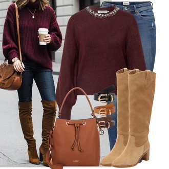 Outfit s Hnědá/Béžová Kozačka Na Podpatku/Bota se širokým nohavici/Špičatá Kozačka/Jezdecká Bota/Kozačka po Kolena/Vintage kozačka/Klasická kozačka/Dlouhá Kozačka/Kovbojská Bota Polo Ralph Lauren "Cool podzimní outfit"