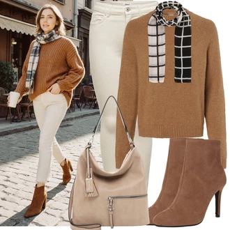 Outfit s Hnědá/Tmavě hnědá/Béžová Kotníková Bota s Podšívkou/Letní kotníková kozačka/Kotníková Bota Na Podpatku/Klasická kozačka/Kozačka Na Podpatku/Špičatá Kozačka About You "Cool podzimní outfit"