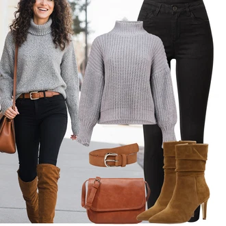 Dlouhé Outfit s ?erná D?íny s Rozparkem/Zimní bunda/Ko?ená bunda/Ko?ené Boty/High Waist D?ínové Kalhoty/Termální D?íny/Motorká?ské D?íny/Push up D?ín/Slim Fit D?íny Kaffe "Podzimní Outfity"