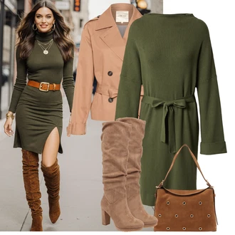 Outfit s Hnědá/Béžová/Šedá Kozačka po Kolena/Klasická kozačka/Kozačka Na Podpatku/Špičatá Kozačka/Bota se širokým nohavici/Dlouhá Kozačka About You "Podzimní Outfity"