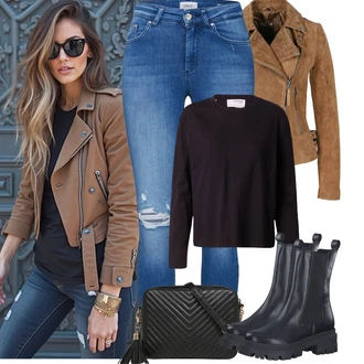 Narozeniny Léto Outfit s Modrá Kožené bundy/Džíny s Dírou/Kotníková Bota/Džíny s Rozparkem/Kožená bunda/Push up Džín Only "Podzimní Outfity"Look: Bar, 18. narozeniny, Koncert, Škola, Narozeniny