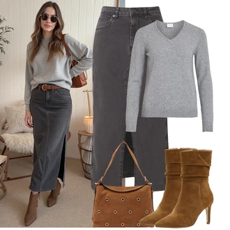 Outfit s Světle šedá/Šedá/Tmavě šedá Basic Svetr/Kašmírový Svetr/Svetr z Jemné Pleteniny/Kašmírový Svetr/Svetr na kojení/Jednoduchý Svetr/Svetr s V-výstřihem/Vlněný Svetr Vila "Podzimní Outfity"