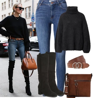 Outfit s Modrá/Tmavě Modrá/Světle Modrá Kožená bunda/Zimní bunda/High Waist Džínové Kalhoty/Džíny s Rozparkem/Navlékací džíny/Dámské Džíny s Délkou 7/8/Push up Džín/Kožené Boty Vila "Podzimní Outfity"