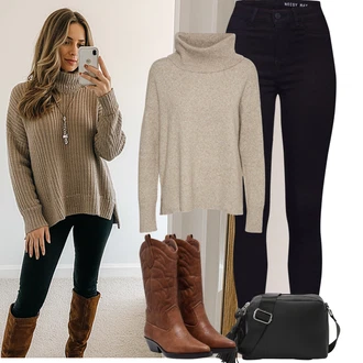 Dlouhé Outfit s ?erná/Tmav? modrá Motorká?ské D?íny/High Waist D?ínové Kalhoty/Push up D?ín/Ko?ená bunda/Ko?ené Boty/Termální D?íny/Zimní bunda Noisy may "Podzimní Outfity"