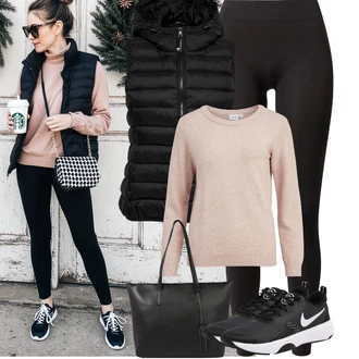 Dlouhé Outfit s Černá Formovaná Legína/Termo Kalhoty/Tregíny/Legíny s Vysokým Pasem/Kožená bunda/Teplé Legíny/Pletený Legín/Legíny s Podšívkou/Legíny s Rozparkem/Neprůhledný Legíny Pieces "Podzimní Outfity"