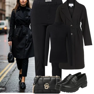 Moderní Matka nevěsty Outfit s Černá Přechodový Kabát/Vlněný kabát/Midi Kabát/Kašmírový Kabát/Trenčkot/Trenčkot/Dlouhý kabát/Letní Kabát/Vlněný Kabát Vila "Podzimní Outfity"Look: Klasické, Šik, Cool, Francouzské, Moderní, Kancelář, Příliš oblečený, Univerzitní, Old Money