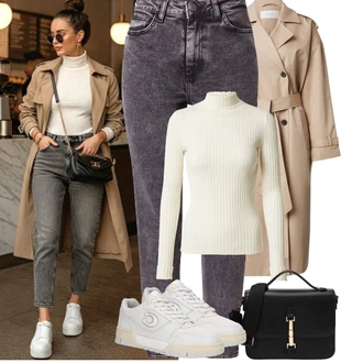 Outfit s Krémová/Bílá/Khaki/Béžová Rolák/Svetr s límečkem Edited "Podzimní Outfity"