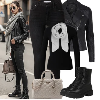 Dlouhé Outfit s ?erná/Tmav? ?edá Slim Fit D?íny/High Waist D?ínové Kalhoty/Motorká?ské D?íny/Push up D?ín/Ko?ené Boty/D?íny s Rozparkem/Ko?ená bunda/Termální D?íny/Zimní bunda Vila "Podzimní Outfity"