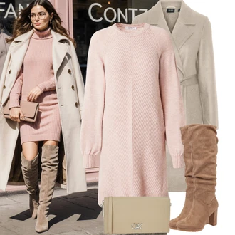 Outfit s Hnědá/Béžová/Šedá Kozačka po Kolena/Klasická kozačka/Kozačka Na Podpatku/Špičatá Kozačka/Bota se širokým nohavici/Dlouhá Kozačka About You "Podzimní Outfity"