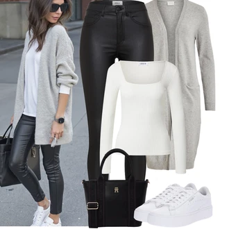 Outfit s Fialová/Bílá/Stříbrný/Krémová Jednoduchý top/Pletený top/Pletené tričko Edited "Podzimní Outfity"