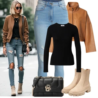 Turistika Outfit s Béžová/Khaki/Hnědá Chelsea Boty/Letní kotníková kozačka/Kožená bunda Only "Podzimní Outfity"Look: Na Procházku, Trekking, Turistika, Skating