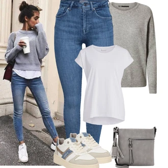 Posilování Outfit s Šedá/Krémová/Bílá Tričko/Jednoduchý top/Neformální tričko/Funkční tričko/Tričko nadměrné velikosti/Košilový top/Tričko s krátkým rukávem/Krátký top/Sportovní tričko/Zavinovací Tričko/Dlouhá košile Vila "Podzimní Outfity"Look: Volný čas, Posilování, Aerobní